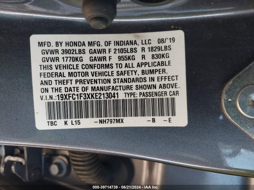 2019 Honda Civic Ex VIN: 19XFC1F3XKE213041 Lot: 39714739