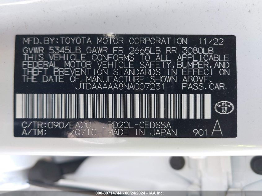 JTDAAAAA8NA007231 2022 Toyota Mirai Xle