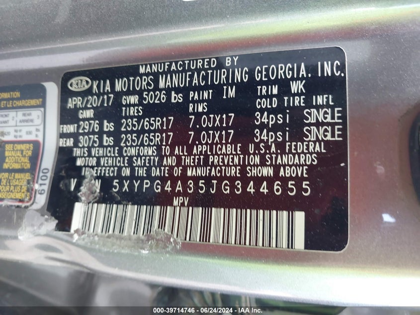 2018 Kia Sorento 2.4L L VIN: 5XYPG4A35JG344655 Lot: 39714746