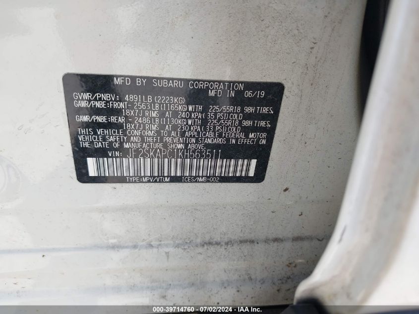 2019 Subaru Forester Sport VIN: JF2SKAPC1KH563511 Lot: 39714760