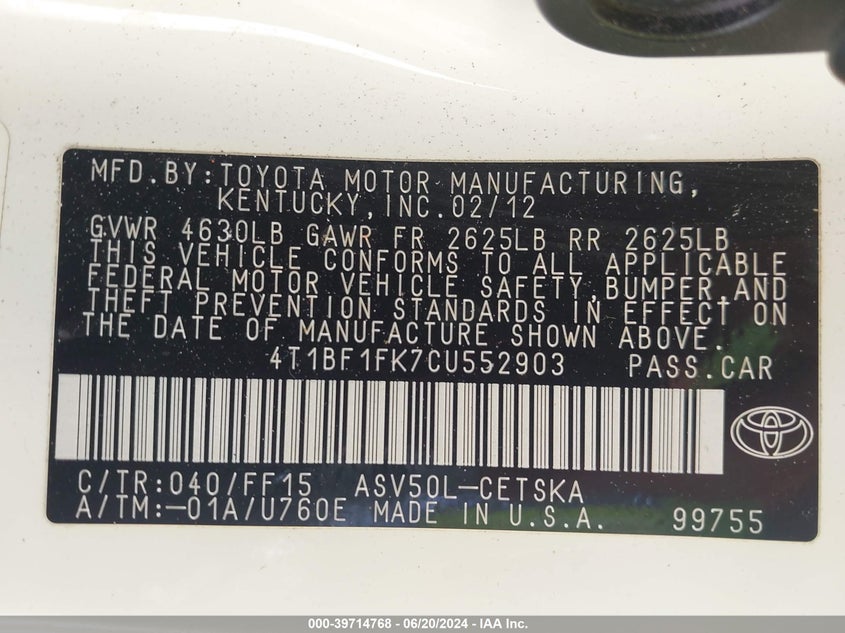 2012 Toyota Camry Se VIN: 4T1BF1FK7CU552903 Lot: 39714768