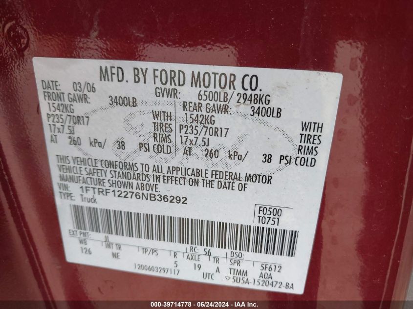 2006 Ford F-150 Stx/Xl/Xlt VIN: 1FTRF12276NB36292 Lot: 39714778