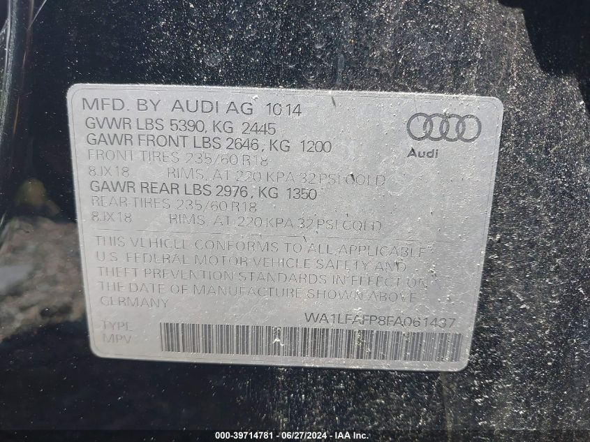 2015 Audi Q5 2.0T Premium VIN: WA1LFAFP8FA061437 Lot: 39714781