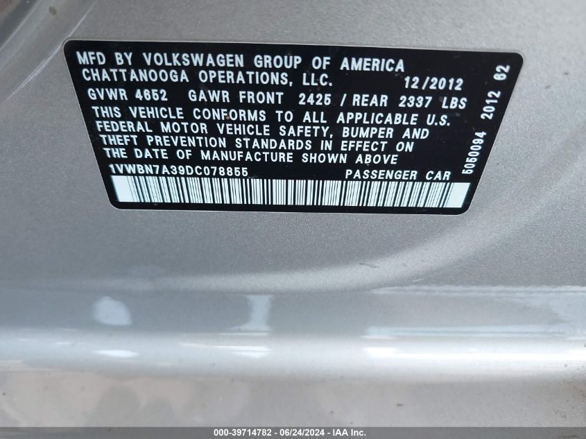 2013 Volkswagen Passat 2.0L Tdi Se VIN: 1VWBN7A39DC078855 Lot: 39714782