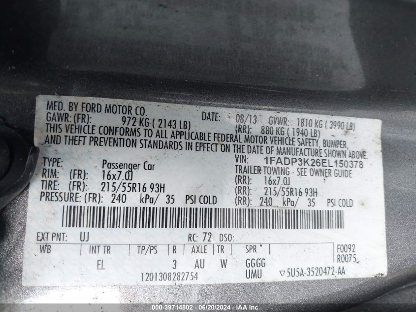 2014 Ford Focus Se VIN: 1FADP3K26EL150378 Lot: 39714802