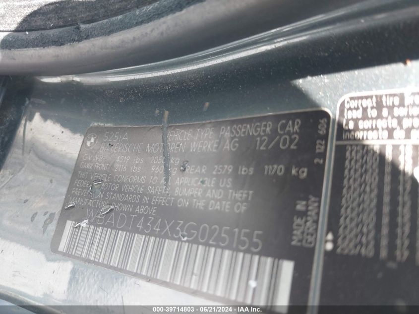 2003 BMW 525Ia VIN: WBADT434X3G025155 Lot: 39714803
