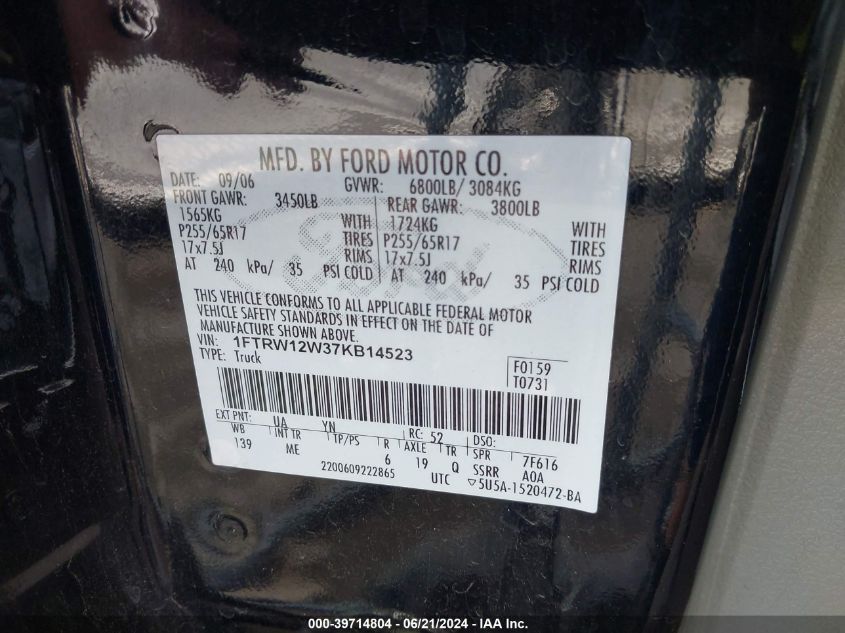 2007 Ford F150 Supercrew VIN: 1FTRW12W37KB14523 Lot: 39714804