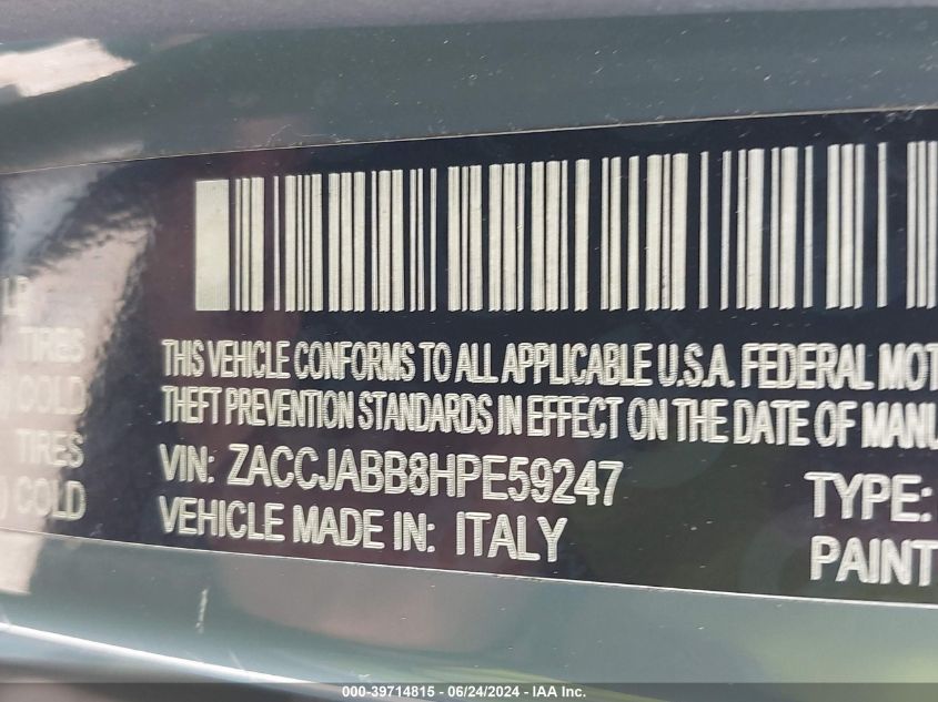 2017 Jeep Renegade Altitude Fwd VIN: ZACCJABB8HPE59247 Lot: 39714815