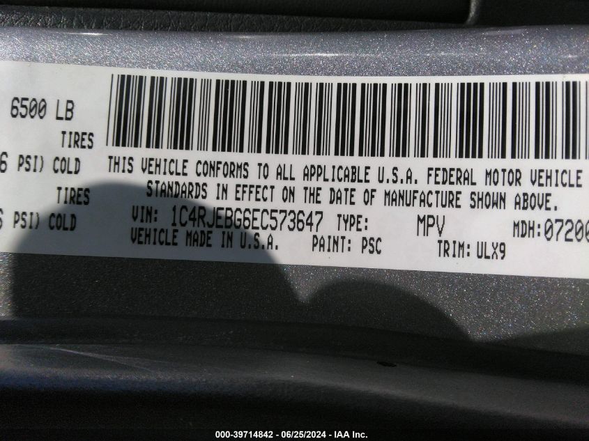 2014 Jeep Grand Cherokee Limited VIN: 1C4RJEBG6EC573647 Lot: 39714842