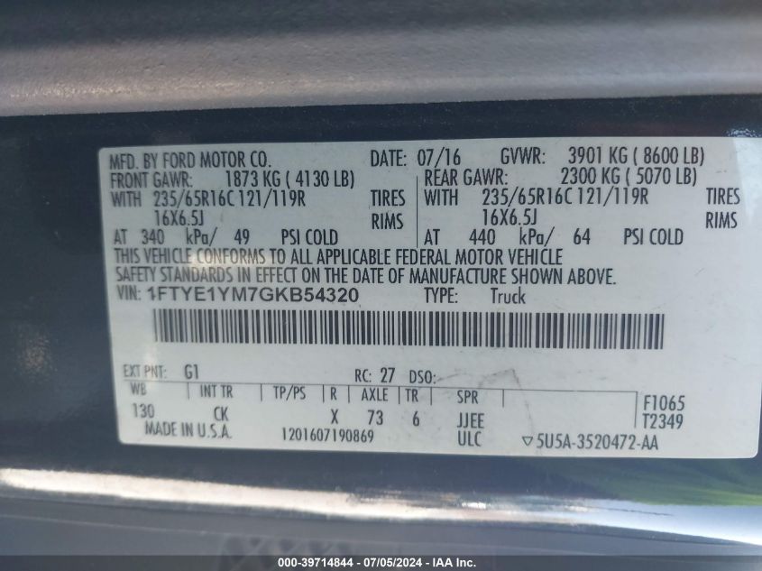 2016 Ford Transit-150 VIN: 1FTYE1YM7GKB54320 Lot: 39714844