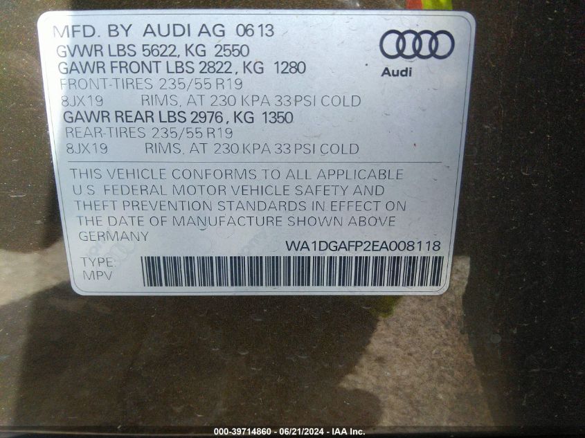 2014 Audi Q5 3.0T Premium Plus VIN: WA1DGAFP2EA008118 Lot: 39714860