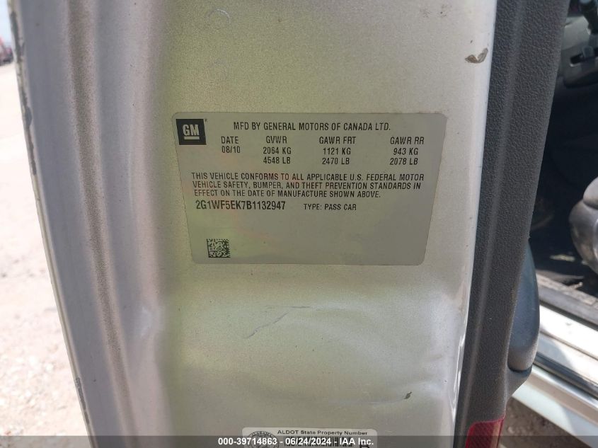 2011 Chevrolet Impala Ls VIN: 2G1WF5EK7B1132947 Lot: 39714863