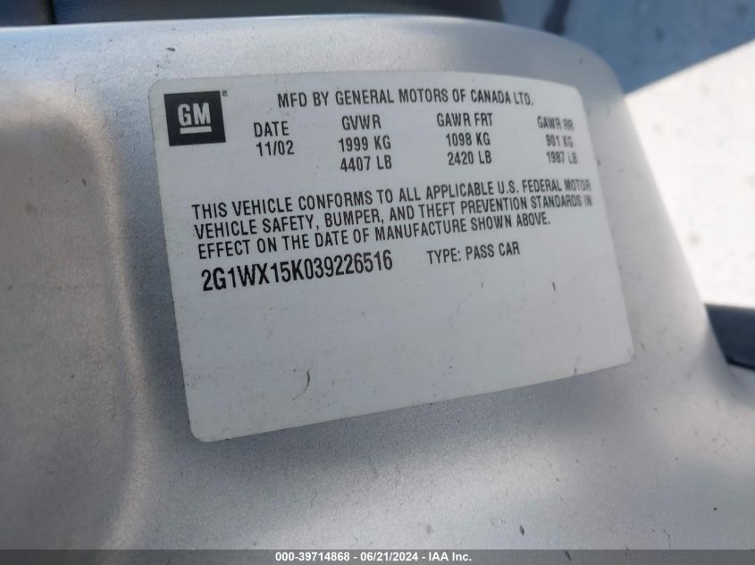 2003 Chevrolet Monte Carlo Ss VIN: 2G1WX15K039226516 Lot: 39714868