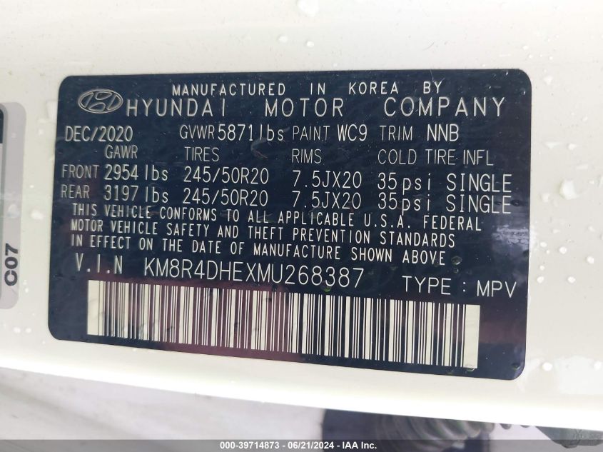 2021 Hyundai Palisade Sel VIN: KM8R4DHEXMU268387 Lot: 39714873