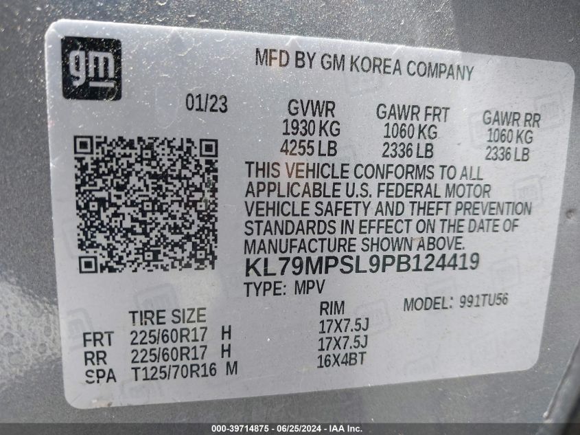 2023 Chevrolet Trailblazer Fwd Lt VIN: KL79MPSL9PB124419 Lot: 39714875