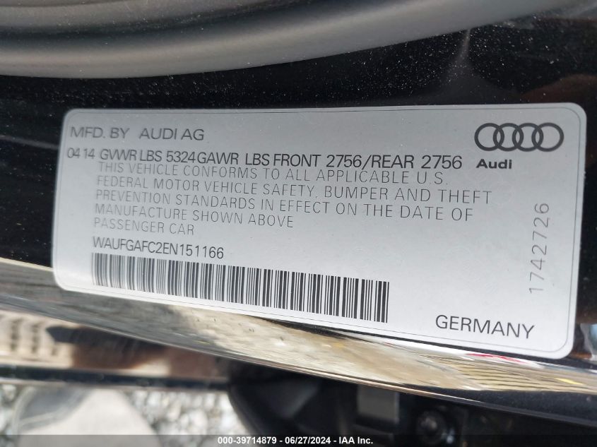 2014 Audi A6 3.0T Premium Plus VIN: WAUFGAFC2EN151166 Lot: 39714879