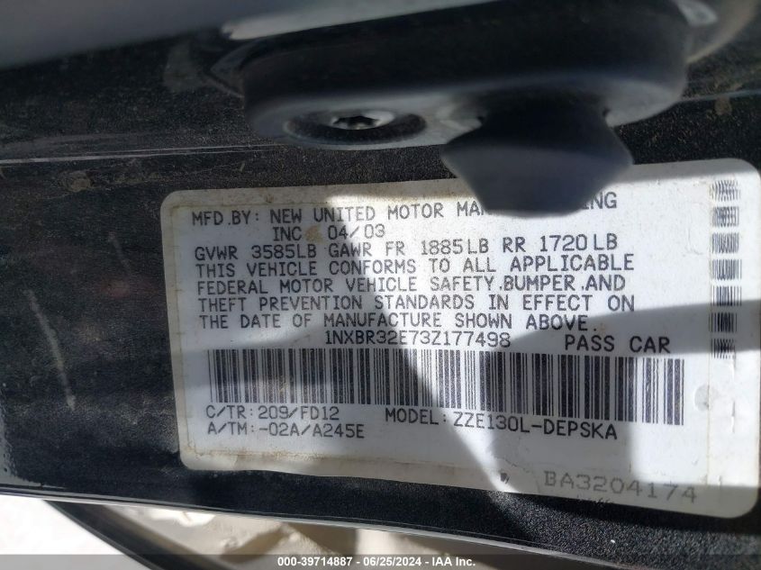 2003 Toyota Corolla Ce/Le/S VIN: 1NXBR32E73Z177498 Lot: 39714887