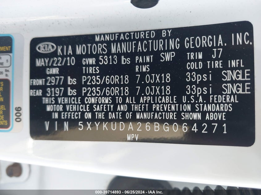 2011 Kia Sorento Ex VIN: 5XYKUDA26BG064271 Lot: 39714893