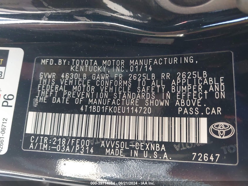 2014 Toyota Camry Hybrid Le VIN: 4T1BD1FK0EU114720 Lot: 39714894