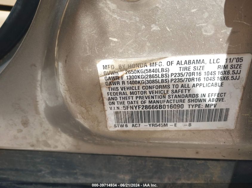 2006 Honda Pilot Ex-L VIN: 5FNYF28666B016090 Lot: 39714934