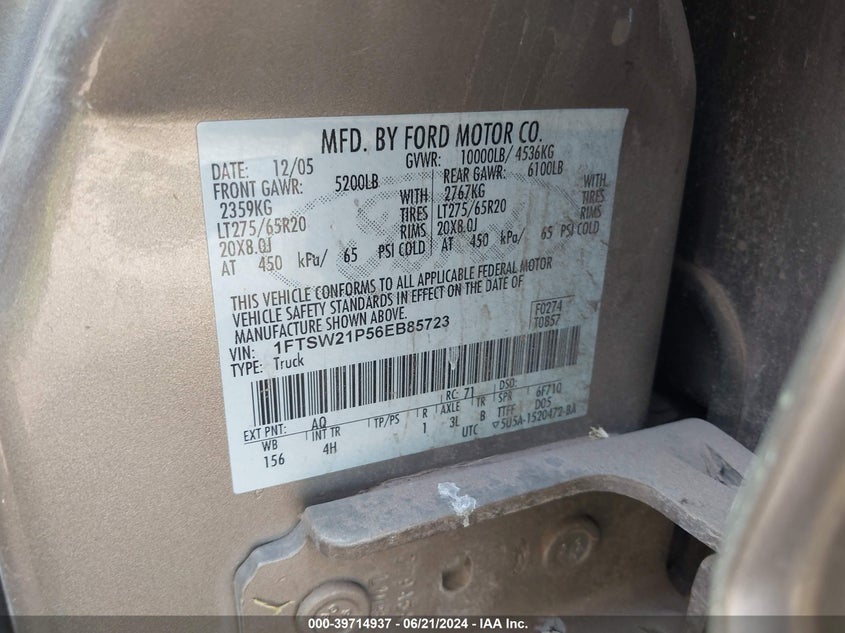 2006 Ford F-250 Lariat/Xl/Xlt VIN: 1FTSW21P56EB85723 Lot: 39714937
