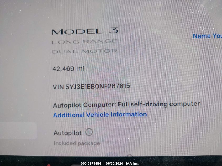 2022 Tesla Model 3 Long Range Dual Motor All-Wheel Drive VIN: 5YJ3E1EB0NF267615 Lot: 39714941