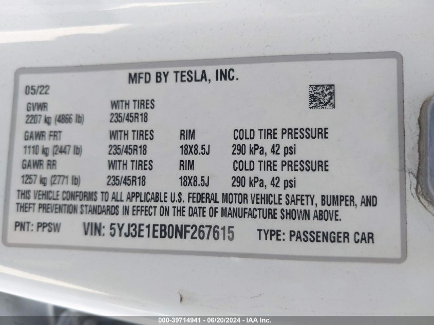 2022 Tesla Model 3 Long Range Dual Motor All-Wheel Drive VIN: 5YJ3E1EB0NF267615 Lot: 39714941