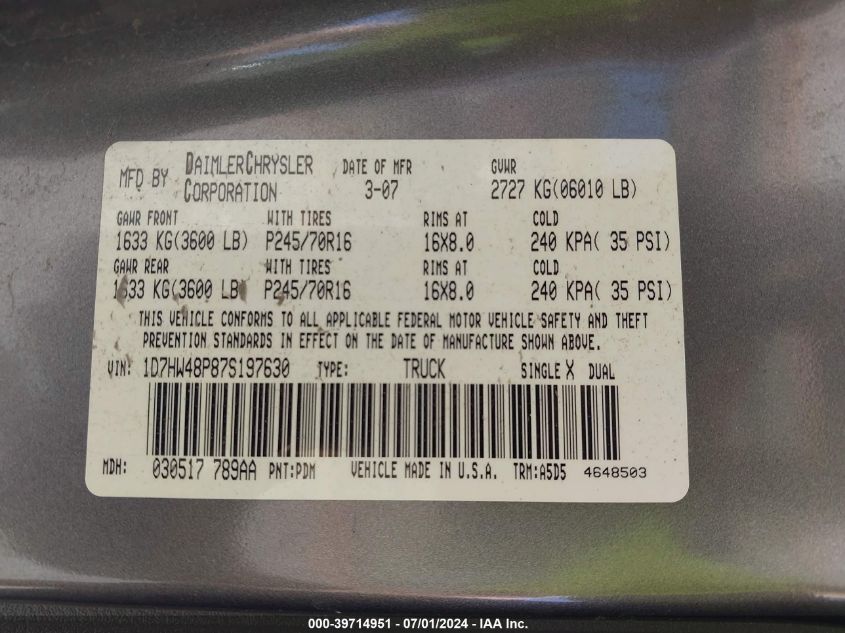 2007 Dodge Dakota Slt VIN: 1D7HW48P87S197630 Lot: 39714951