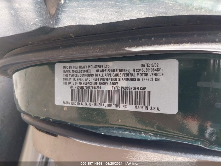 2002 Subaru Outback VIN: 4S3BH675027654299 Lot: 39714956