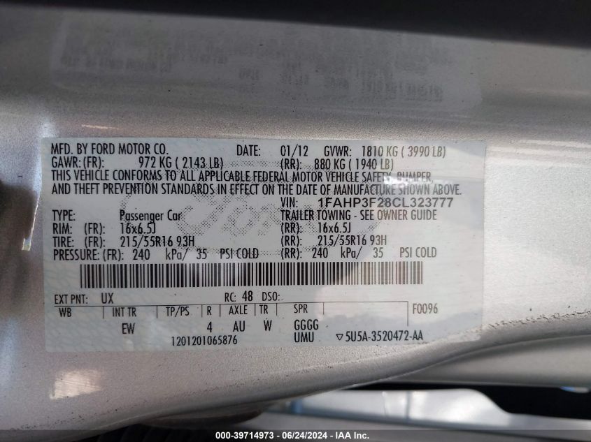 2012 Ford Focus Se VIN: 1FAHP3F28CL323777 Lot: 39714973