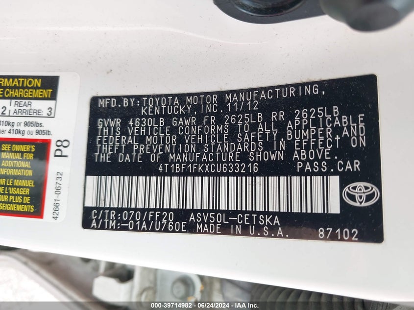 2012 Toyota Camry Se Limited Edition VIN: 4T1BF1FKXCU633216 Lot: 39714982