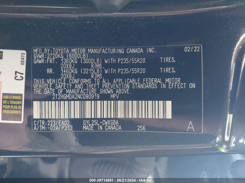 2022 Lexus Rx 450H VIN: 2T2HGMDA2NC080919 Lot: 39714991