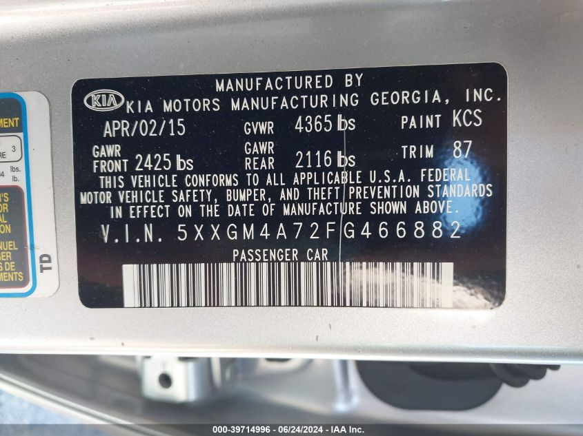 2015 KIA OPTIMA LX - 5XXGM4A72FG466882