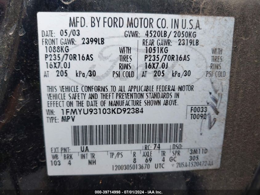 2003 Ford Escape Xlt VIN: 1FMYU93103KD92384 Lot: 39714998