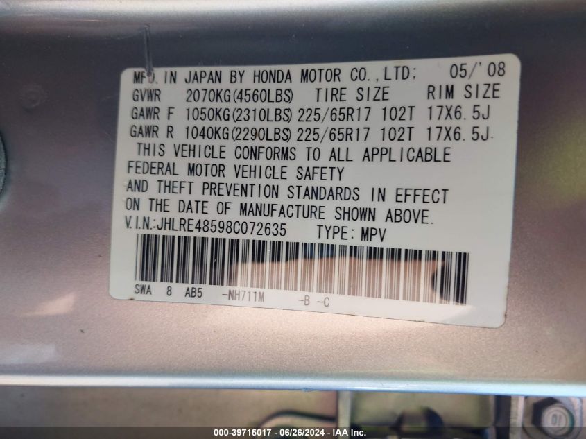 2008 Honda Cr-V Ex VIN: JHLRE48598C072635 Lot: 39715017