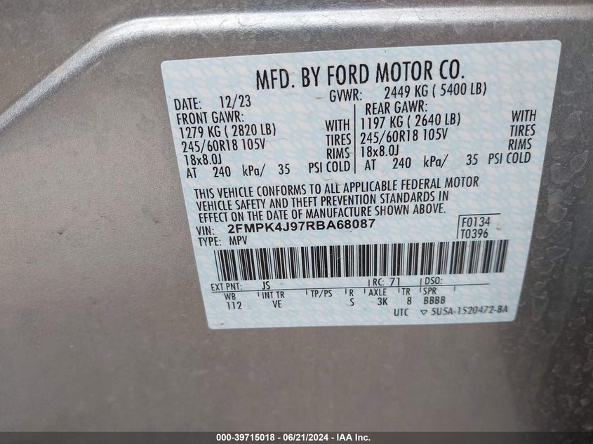 2024 Ford Edge Sel VIN: 2FMPK4J97RBA68087 Lot: 39715018