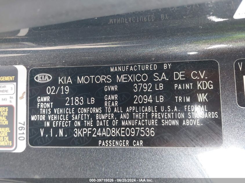 2019 Kia Forte Lxs VIN: 3KPF24AD8KE097536 Lot: 39715026