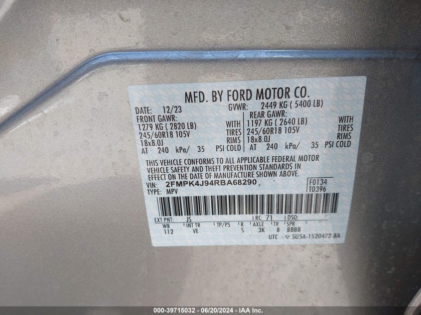 2024 Ford Edge Sel VIN: 2FMPK4J94RBA68290 Lot: 39715032