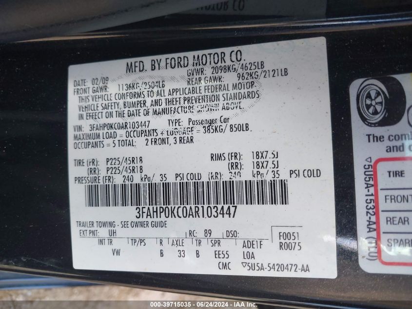 2010 Ford Fusion Sport VIN: 3FAHP0KC0AR103447 Lot: 39715035