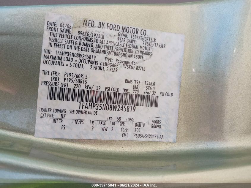 2008 Ford Focus Se/Ses VIN: 1FAHP35N08W245819 Lot: 39715041