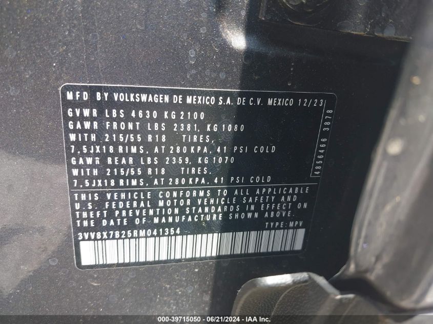 2024 Volkswagen Taos 1.5T S VIN: 3VV8X7B25RM041354 Lot: 39715050