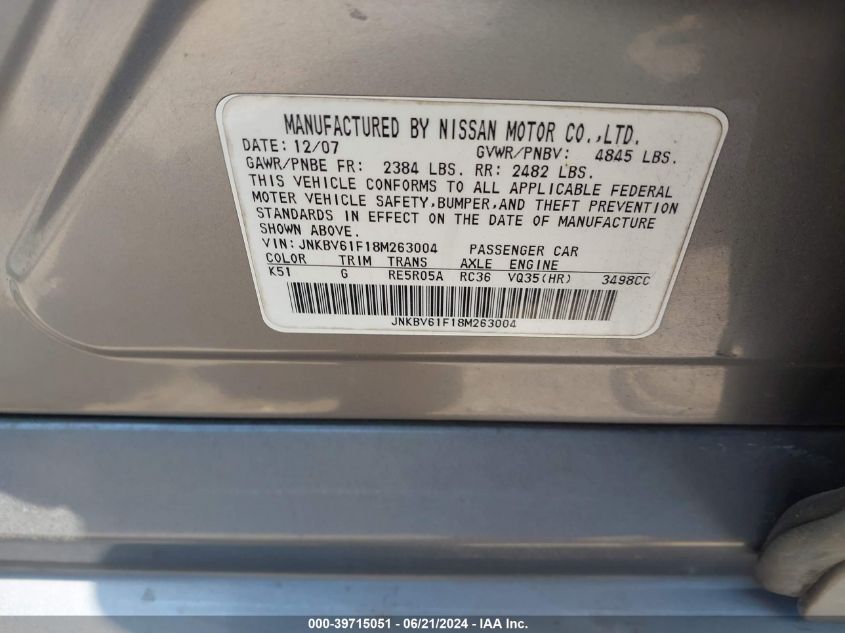 2008 Infiniti G35X VIN: JNKBV61F18M263004 Lot: 39715051