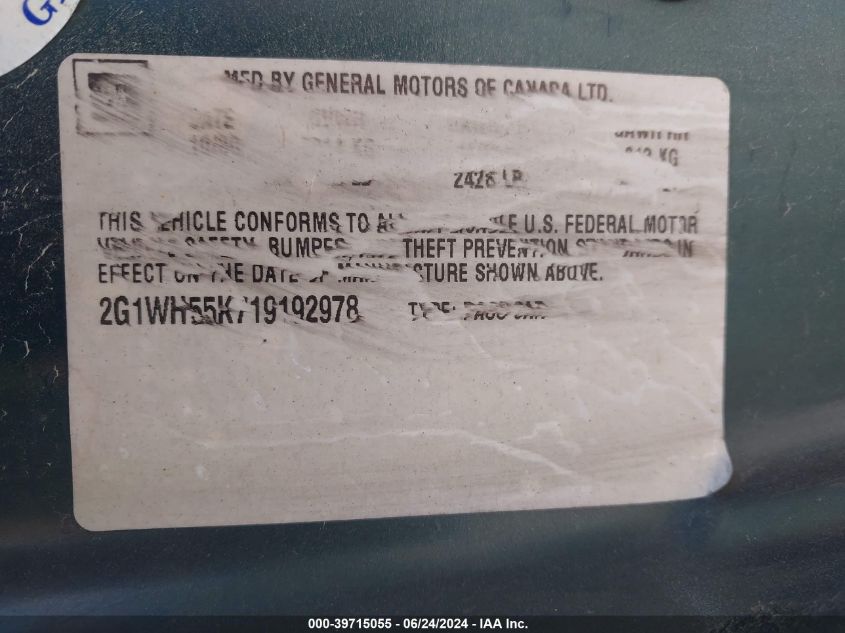 2001 Chevrolet Impala Ls VIN: 2G1WH55K719192978 Lot: 39715055