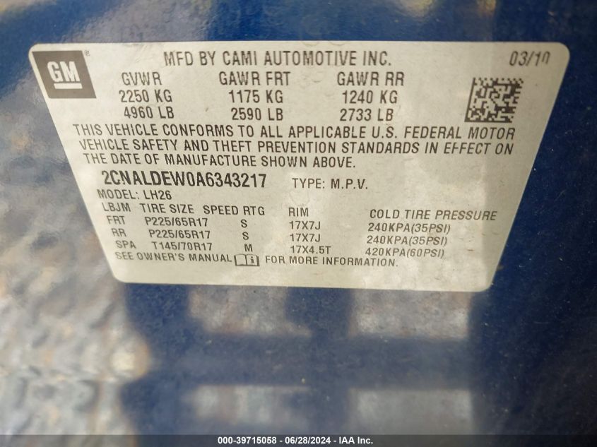 2010 Chevrolet Equinox Lt VIN: 2CNALDEW0A6343217 Lot: 39715058