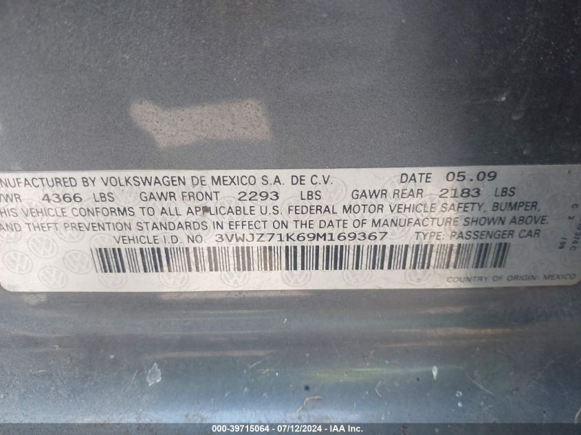 2009 Volkswagen Jetta S VIN: 3VWJZ71K69M169367 Lot: 39715064