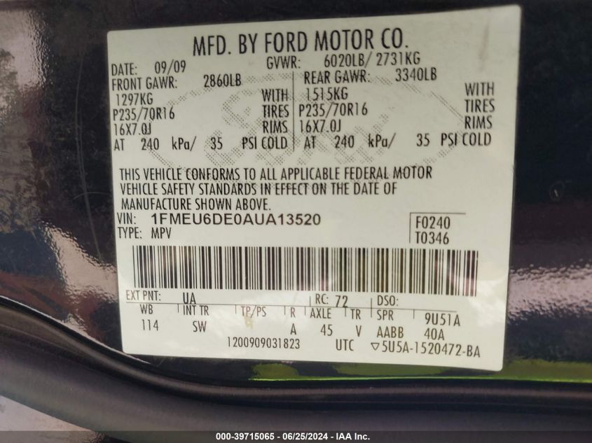 2010 Ford Explorer Xlt VIN: 1FMEU6DE0AUA13520 Lot: 39715065