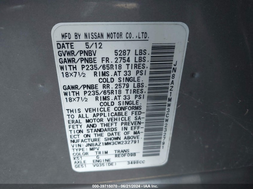 2012 Nissan Murano Sl VIN: JN8AZ1MW3CW232791 Lot: 39715070