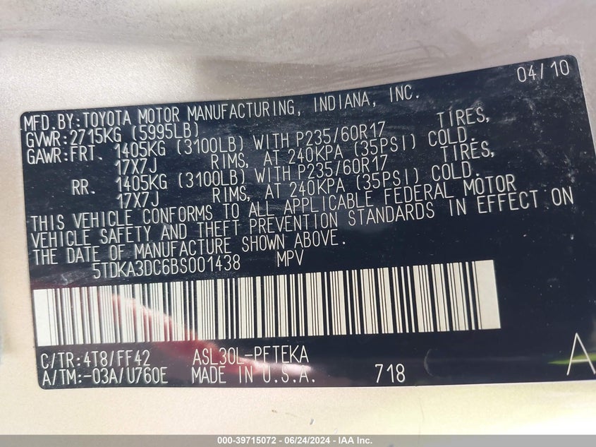 2011 Toyota Sienna VIN: 5TDKA3DC6BS001438 Lot: 39715072