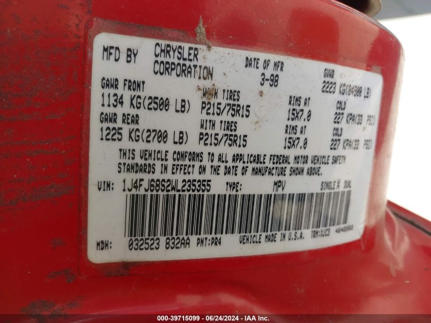 1998 Jeep Cherokee Classic/Sport VIN: 1J4FJ68S2WL235355 Lot: 39715099