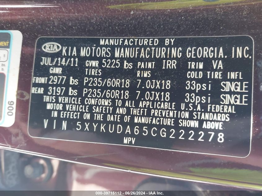 2012 Kia Sorento Ex VIN: 5XYKUDA65CG222278 Lot: 39715112